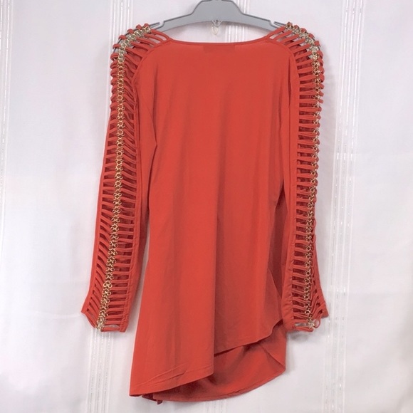 🪸MIDNIGHT VELVET Coral Gold Chain Long Sleeves Ruched Surplus Faux Wrap - Picture 3 of 7